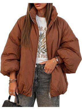 Women's Brown Bomber Winter Coats Oversized Puffer Padded Jackets Full Zip